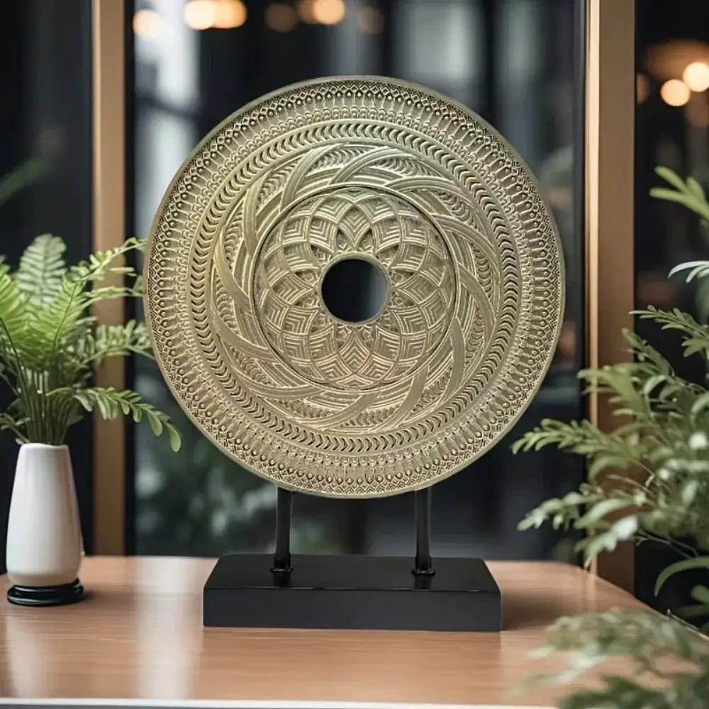 Handcrafted Round Wooden Decorative Disc Sculpture with Stand by House Of Avana
