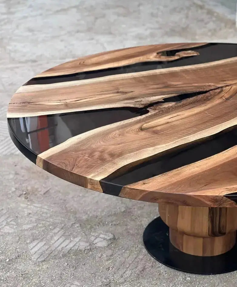 Round Epoxy Resin Table with Wooden Tulip Base Made of Walnut by Gizz