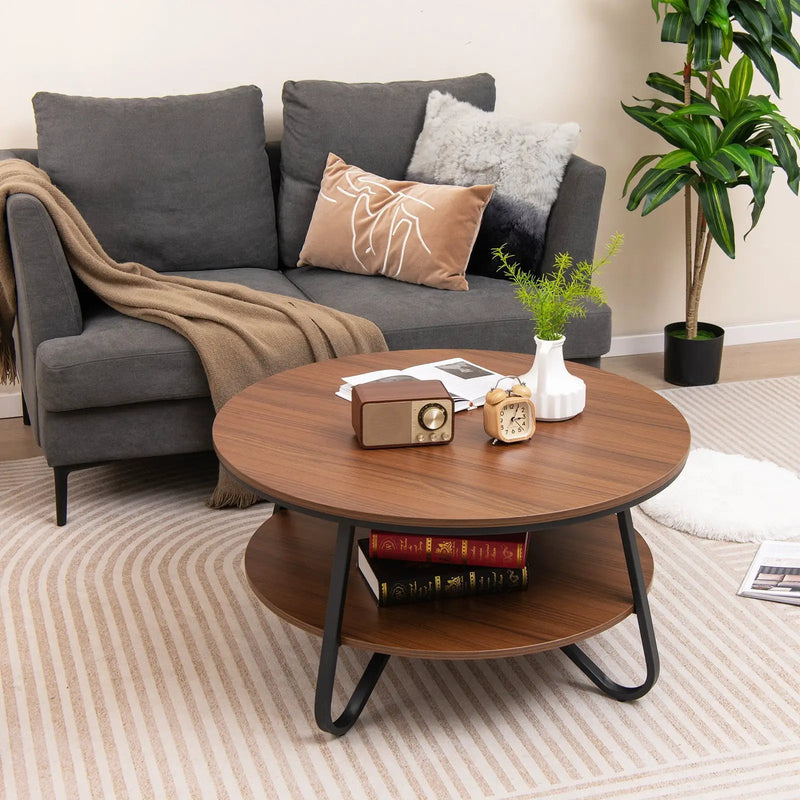 33.5 Inch Round Coffee Table with Wood Grain Finish and Heavy-duty Metal Frame-Walnut by DirectDeals