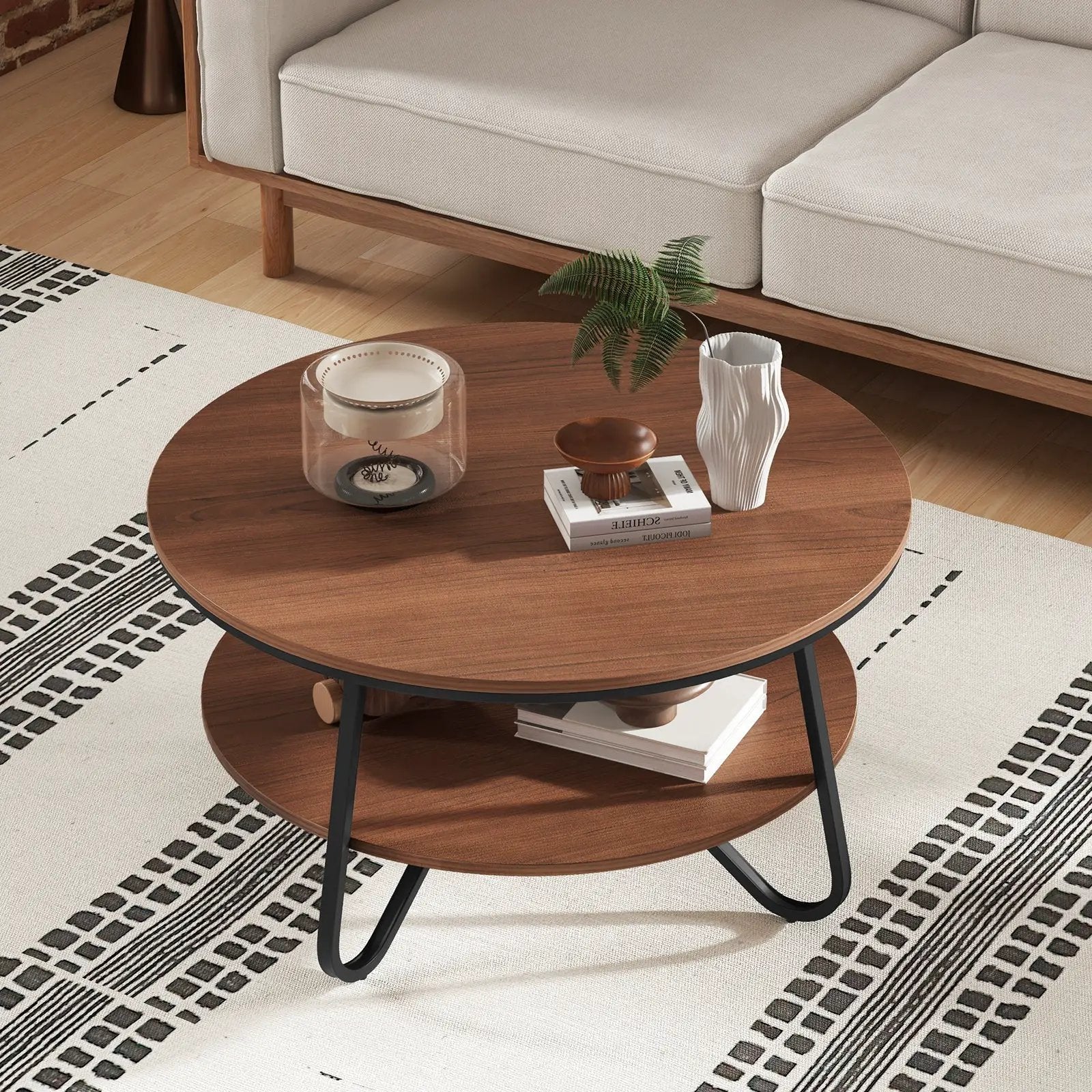 33.5 Inch Round Coffee Table with Wood Grain Finish and Heavy-duty Metal Frame-Walnut by DirectDeals