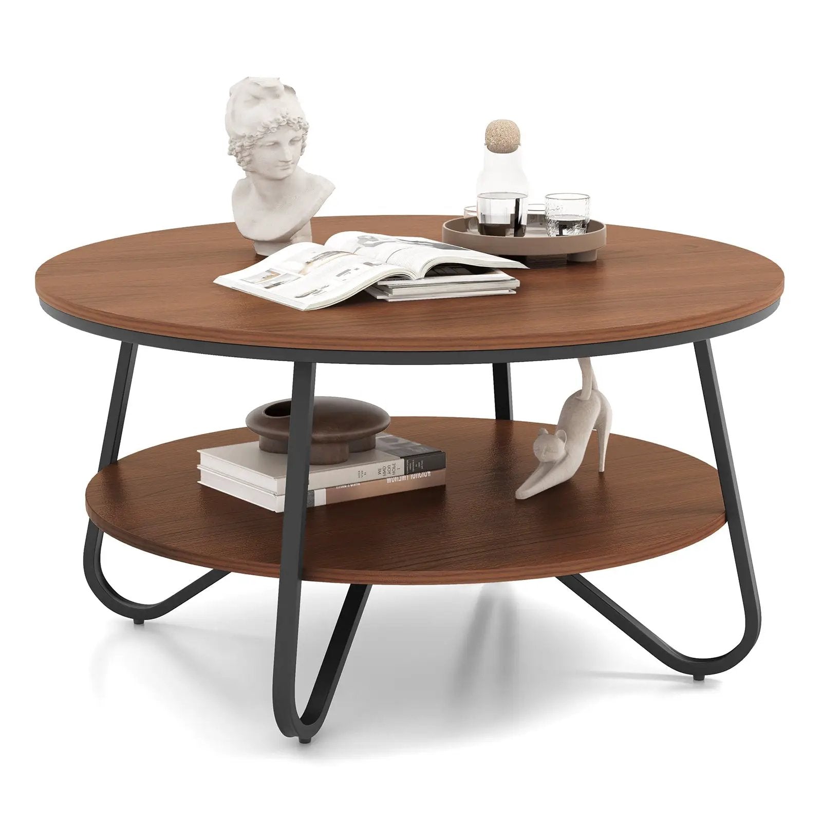 33.5 Inch Round Coffee Table with Wood Grain Finish and Heavy-duty Metal Frame-Walnut by DirectDeals
