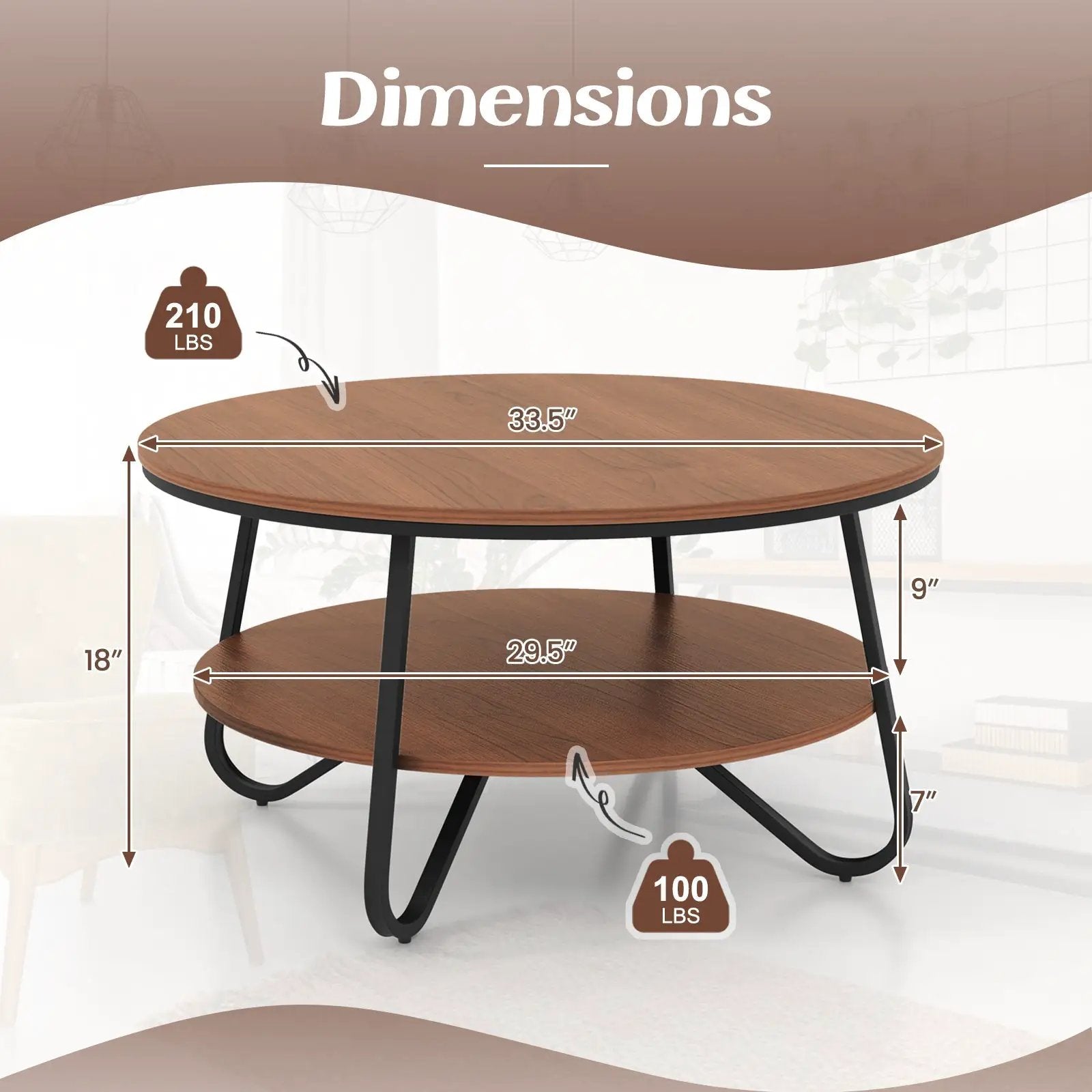 33.5 Inch Round Coffee Table with Wood Grain Finish and Heavy-duty Metal Frame-Walnut by DirectDeals