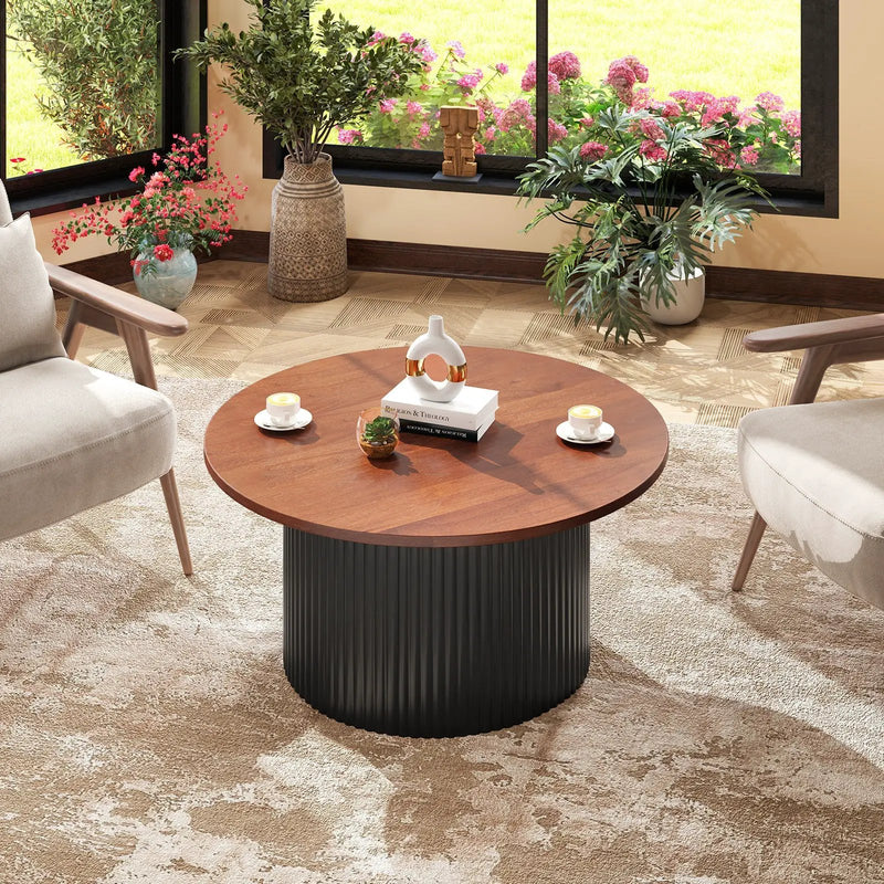 Round Coffee Table with Solid Wood Frame and Wooden Top-Walnut by DirectDeals