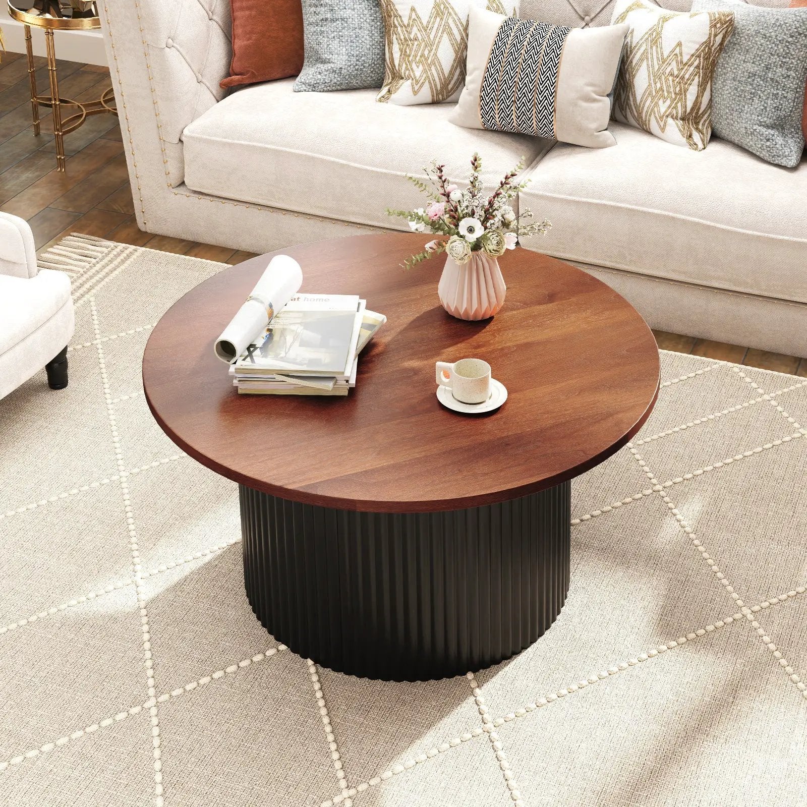 Round Coffee Table with Solid Wood Frame and Wooden Top-Walnut by DirectDeals