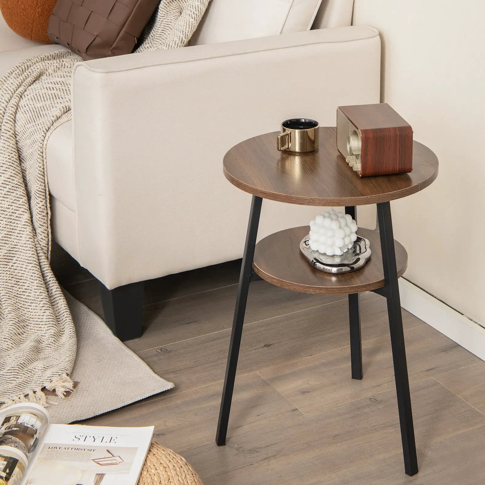2-Tier Round End Table Set of 2 with Open Shelf and Triangular Metal Frame-Walnut by DirectDeals