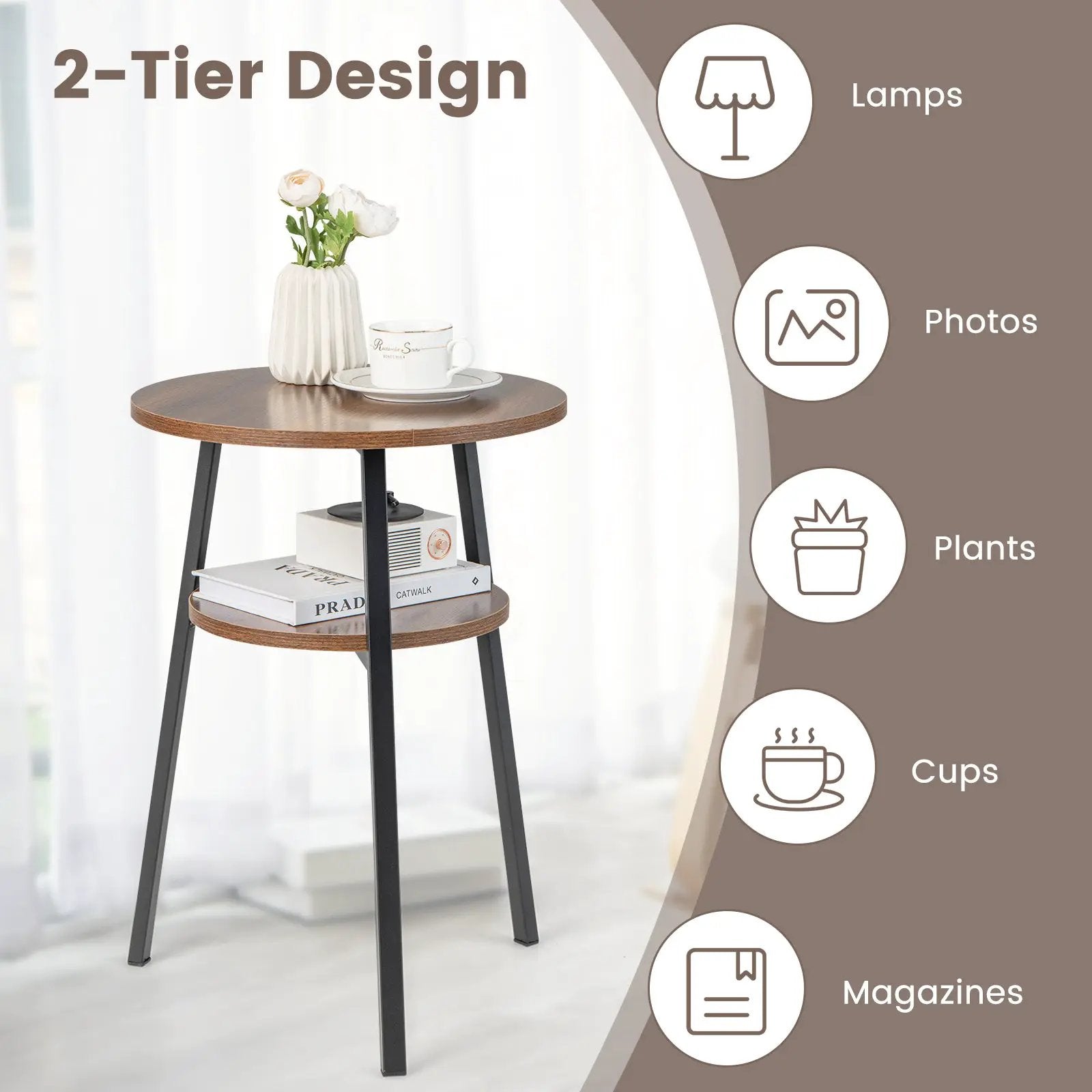 2-Tier Round End Table Set of 2 with Open Shelf and Triangular Metal Frame-Walnut by DirectDeals