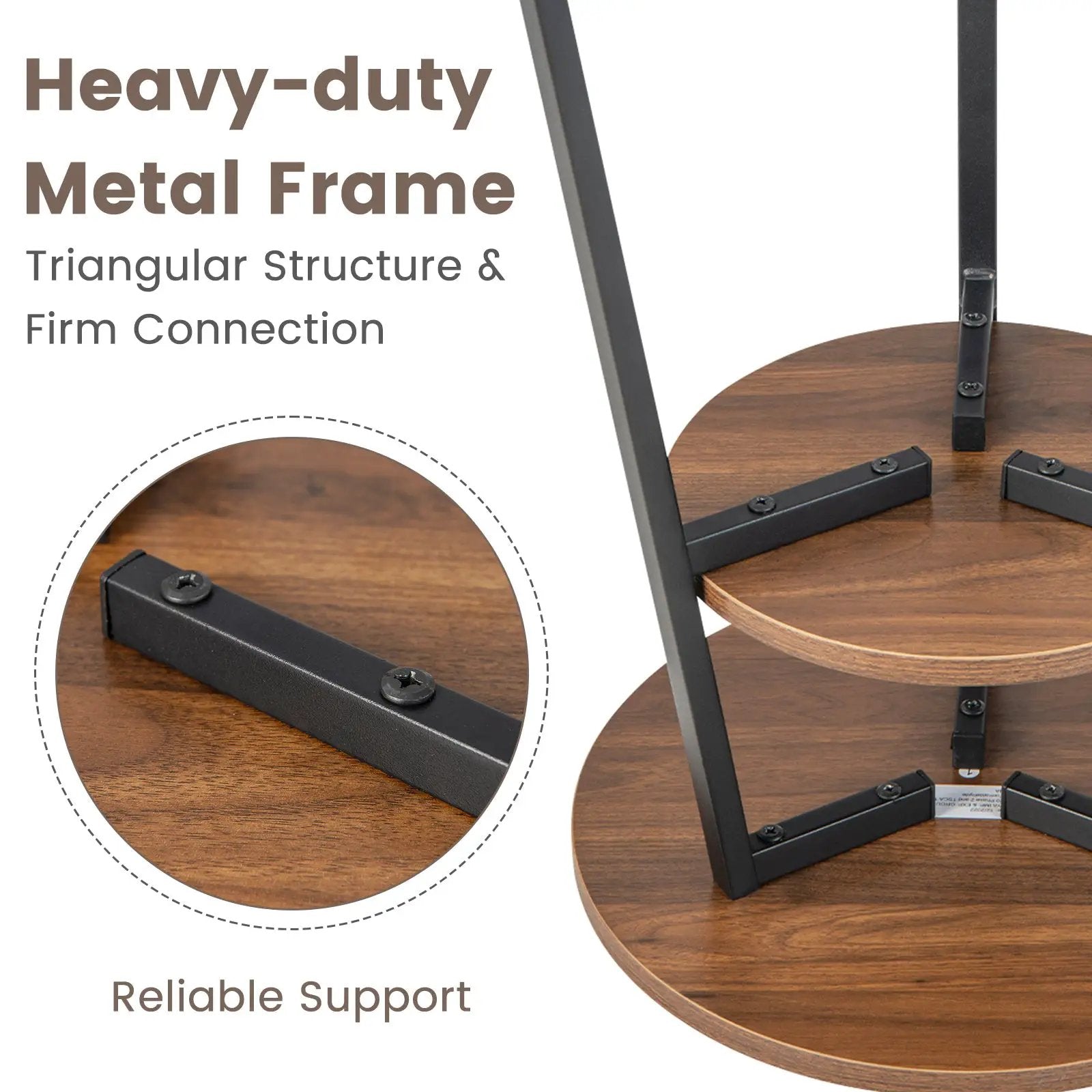 2-Tier Round End Table Set of 2 with Open Shelf and Triangular Metal Frame-Walnut by DirectDeals