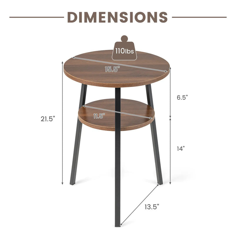 2-Tier Round End Table Set of 2 with Open Shelf and Triangular Metal Frame-Walnut by DirectDeals