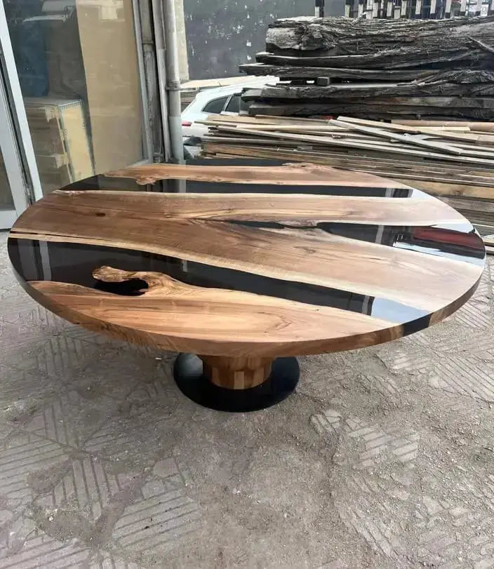 Round Epoxy Resin Table with Wooden Tulip Base Made of Walnut by Gizz