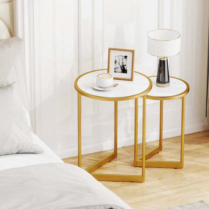 Round Nesting Table Set of 2 with Marble-like Tabletop-White by DirectDeals