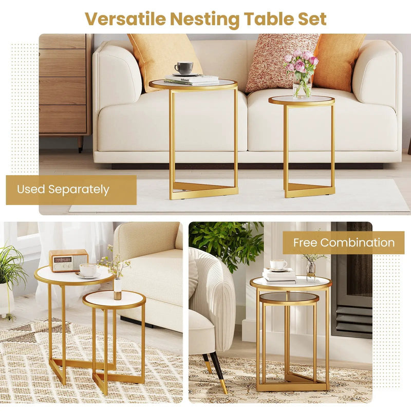 Round Nesting Table Set of 2 with Marble-like Tabletop-White by DirectDeals
