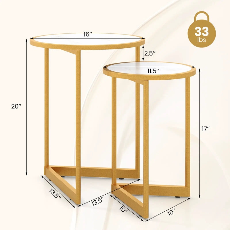 Round Nesting Table Set of 2 with Marble-like Tabletop-White by DirectDeals