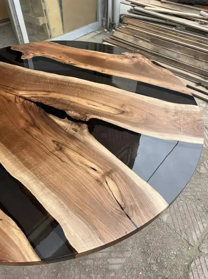 Round Epoxy Resin Table with Wooden Tulip Base Made of Walnut by Gizz