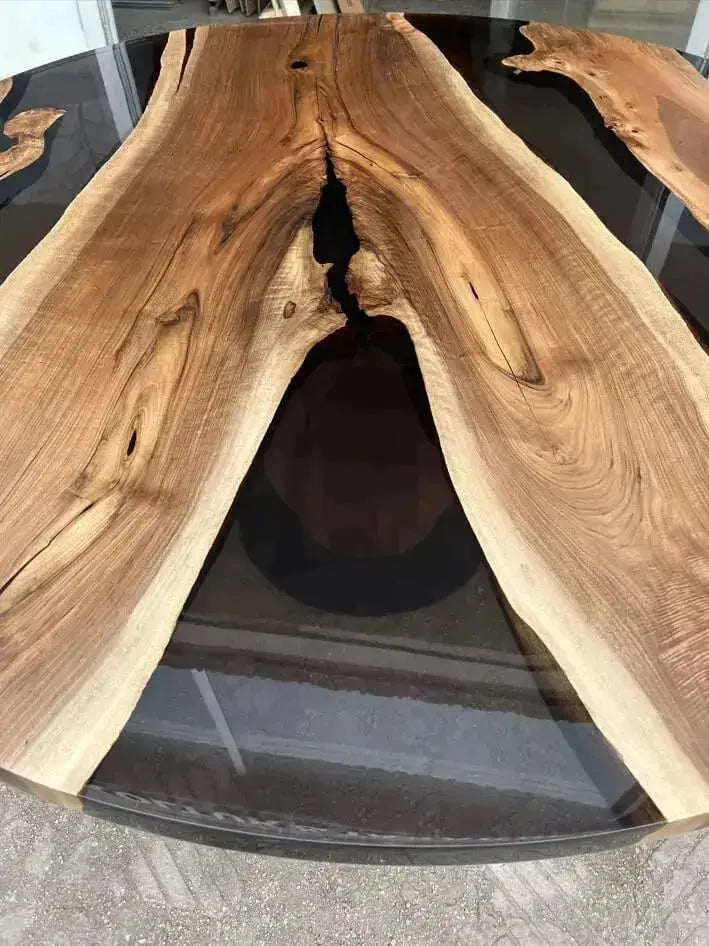 Round Epoxy Resin Table with Wooden Tulip Base Made of Walnut by Gizz