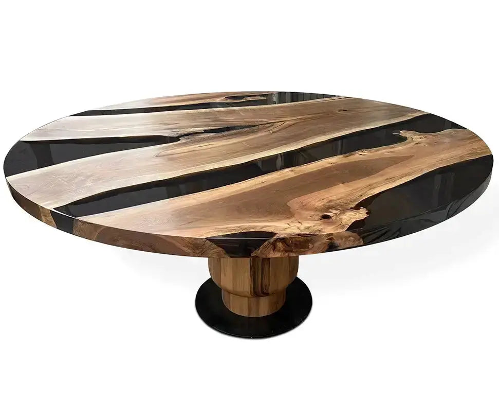 Round Epoxy Resin Table with Wooden Tulip Base Made of Walnut by Gizz