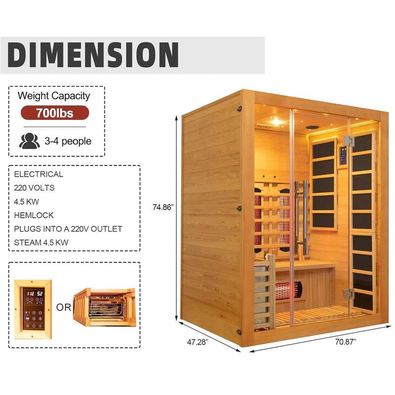 Rövia Aurora 3-Person Indoor Hybrid Sauna Room With Infrared And 4.5KW Steam Heater [Made-To-Order] (SAK41592) by SAKSBY WHOLESALE