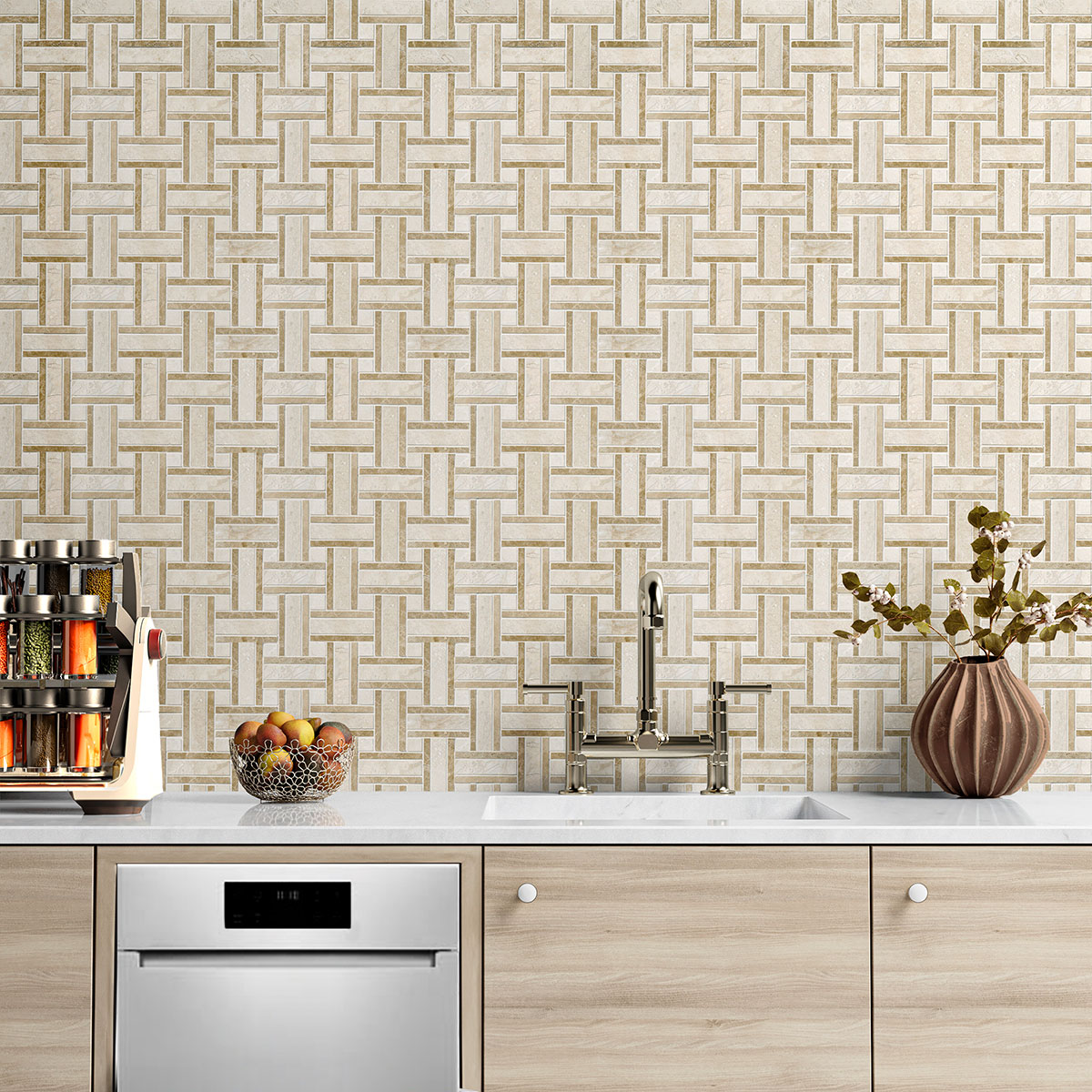 Royal Beige Polished Thin Basket Marble Mosaics 12x12 Marble Polished 12x12 Mosaics — 2