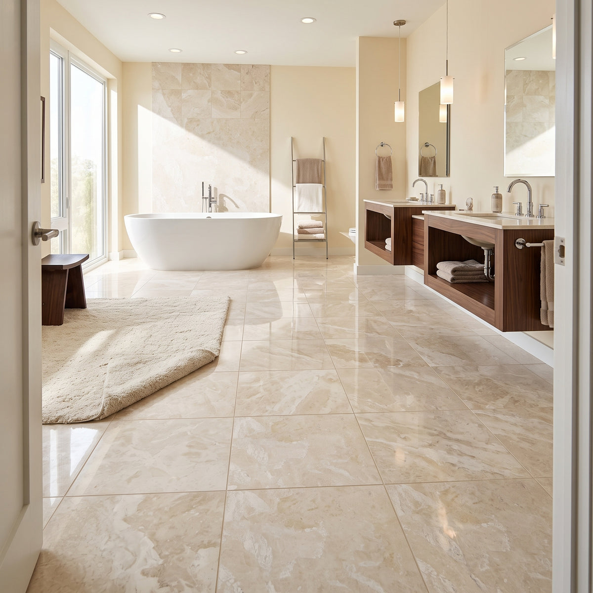 A bright, modern bathroom with large beige marble-look floor tiles, a white freestanding bathtub, double sinks with dark wood vanities, and warm neutral walls. Royale polished 24x24 beige natural stone floor tile in modern bathroom