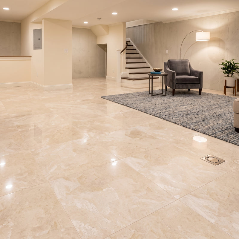Royale polished 24x24 beige natural stone floor tile in modern basement