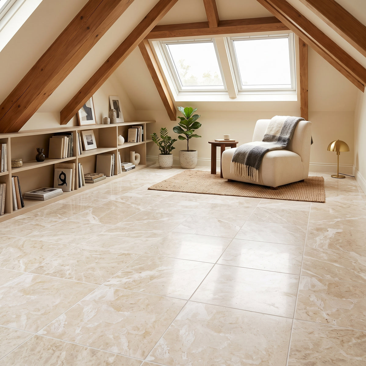 Large beige marble-look floor tiles in a bright, modern attic study with wooden beams, a cream armchair, and a window.