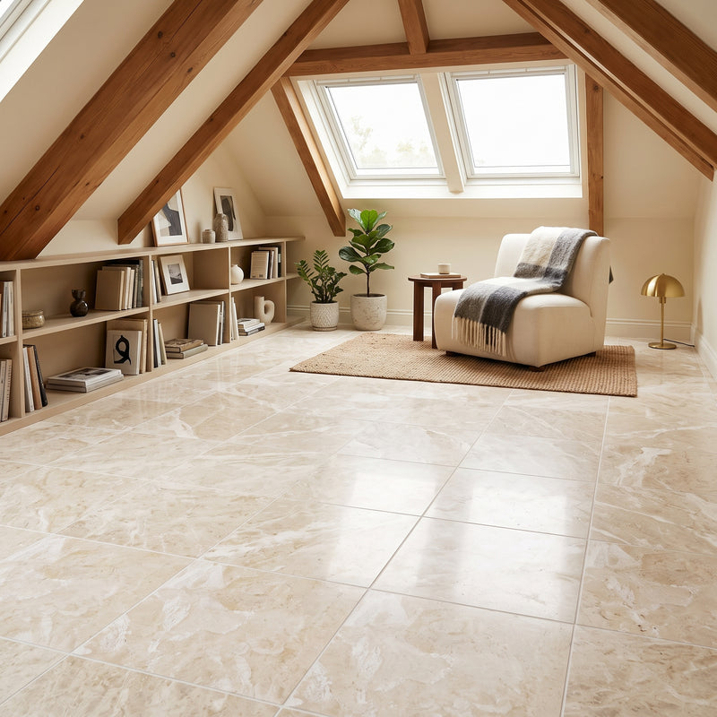 Large beige marble-look floor tiles in a bright, modern attic study with wooden beams, a cream armchair, and a window.