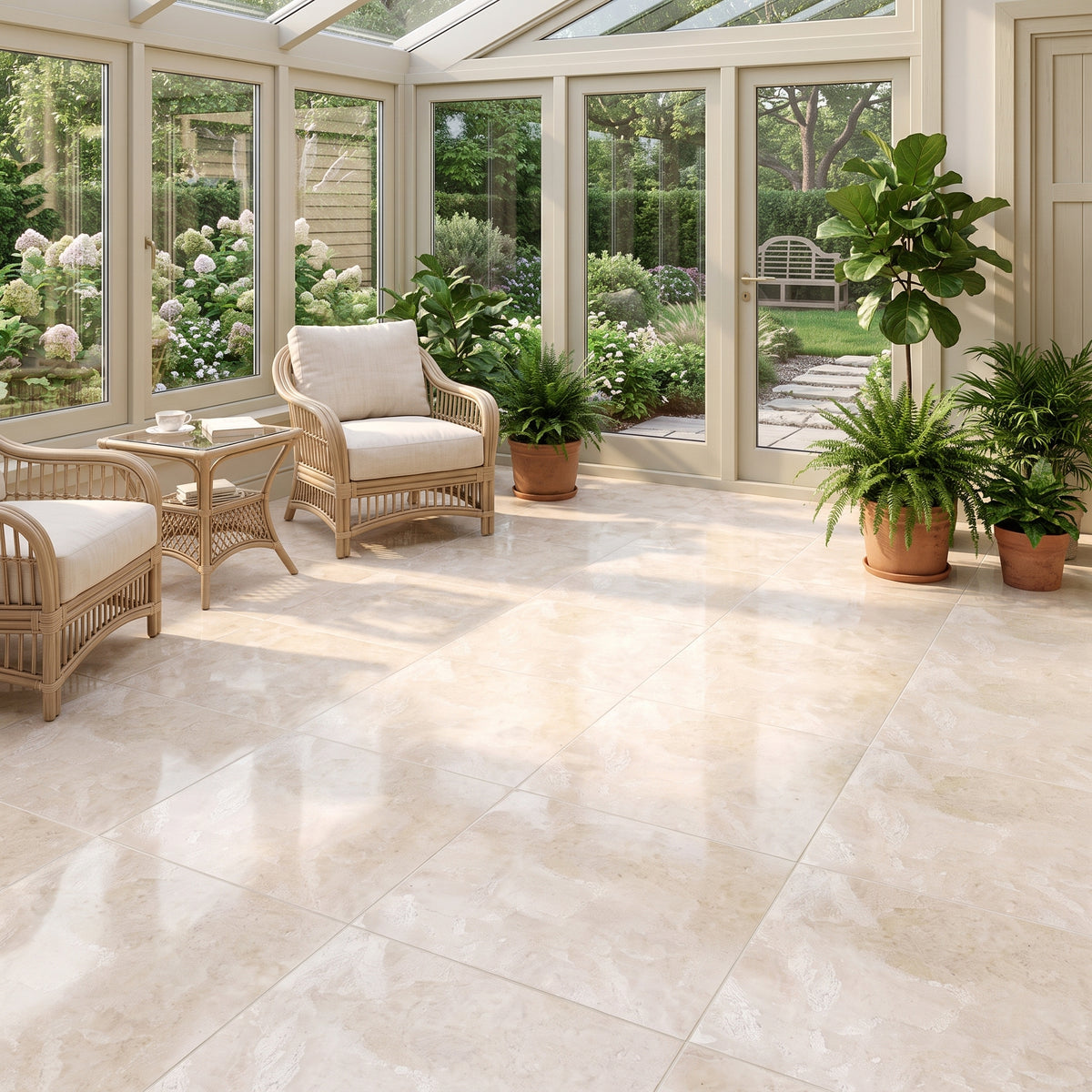 Large beige marble floor tiles installed in a bright sunroom with wicker furniture, potted plants, and glass walls showing a garden view.