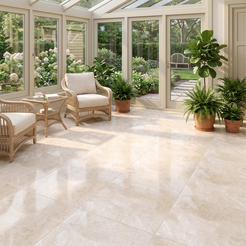 Large beige marble floor tiles installed in a bright sunroom with wicker furniture, potted plants, and glass walls showing a garden view.
