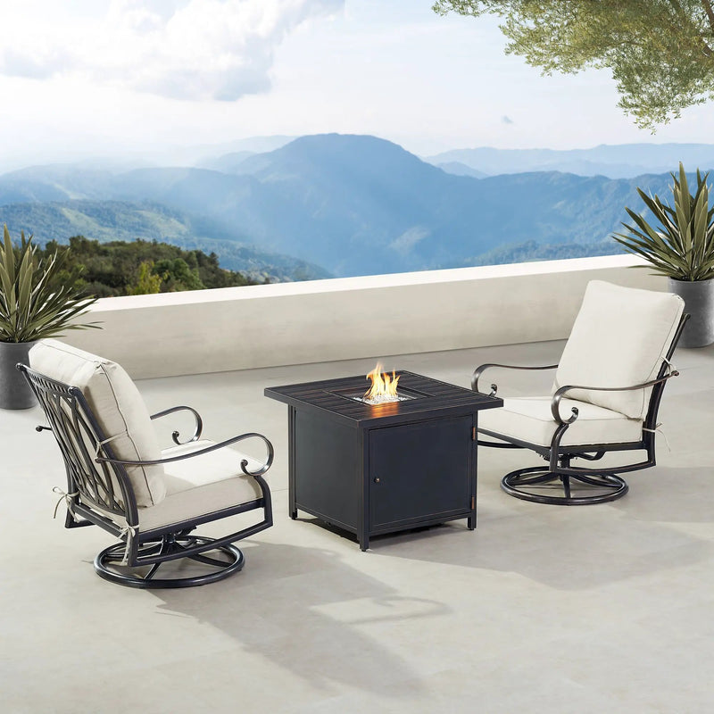 Black Aluminum Fire Table Bistro Set with Two Club Chairs by Sharicks