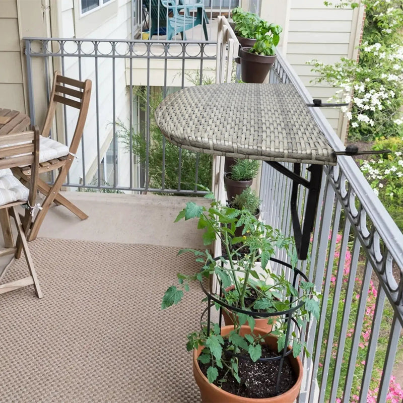 Grey Wicker Foldable Patio Balcony Table with Adjustable Clamps by Sharicks