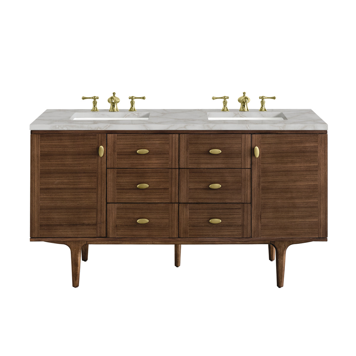 James Martin Amberly 60" Dual Mount Double Bathroom Vanity, Mid-Century Walnut with Victorian Silver (FreePower) countertop