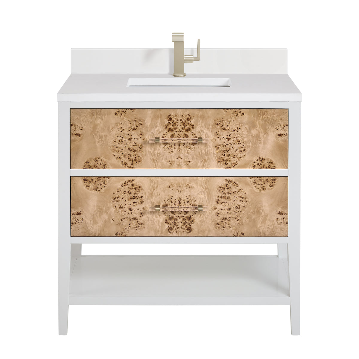 James Martin Olena 36" Single Bathroom Vanity, Polished White and Light Mappa Burl with White Zeus (Single Hole, with Backsplash) countertop