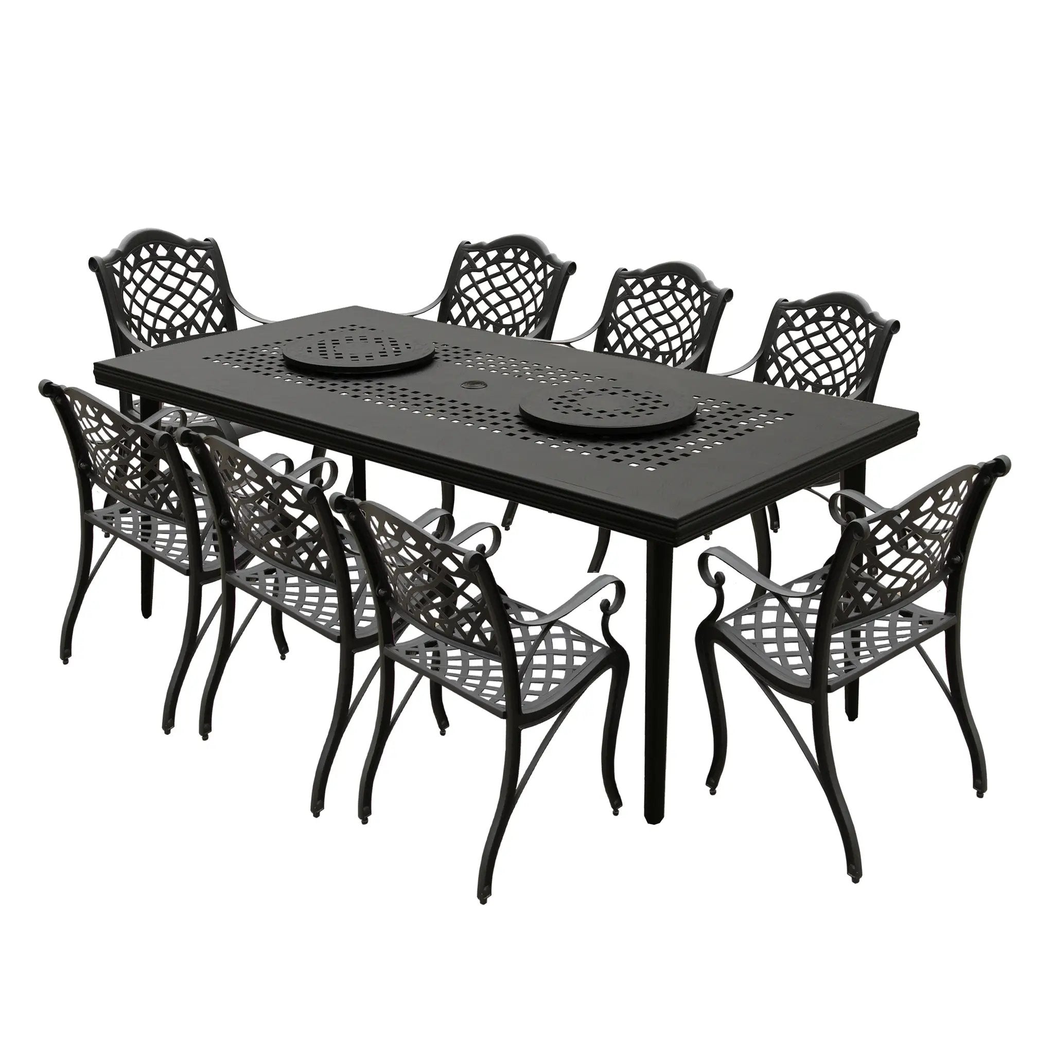 Aluminum 9pc Rectangular Patio Dining Set, Lazy Susans, Eight Chairs by Sharicks