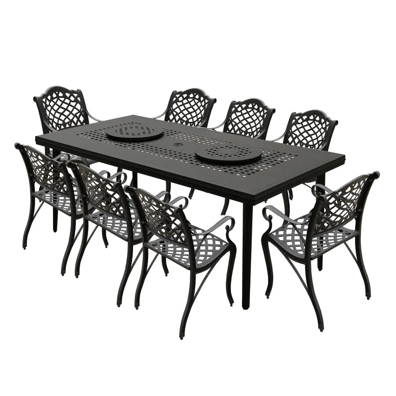Aluminum 9pc Rectangular Patio Dining Set, Lazy Susans, Eight Chairs by Sharicks
