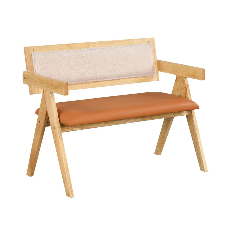 Rubber Wood Dining Bench with Armrest Sherpa Upholstered Backrest and Soft-padded Seat-Natural by DirectDeals