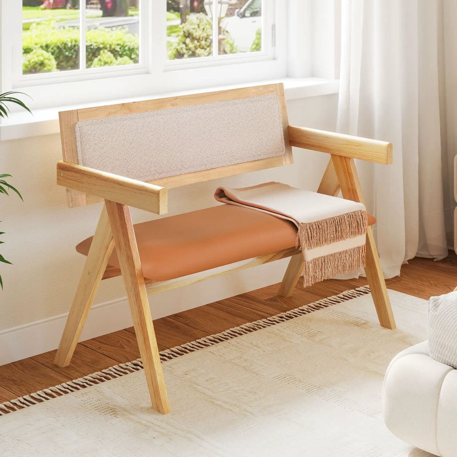 Rubber Wood Dining Bench with Armrest Sherpa Upholstered Backrest and Soft-padded Seat-Natural by DirectDeals