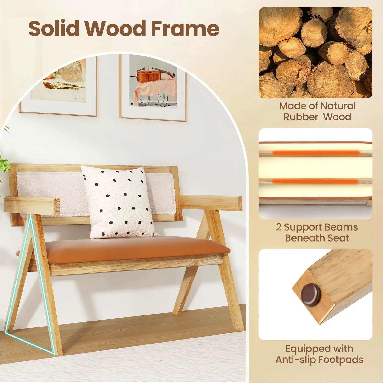 Rubber Wood Dining Bench with Armrest Sherpa Upholstered Backrest and Soft-padded Seat-Natural by DirectDeals