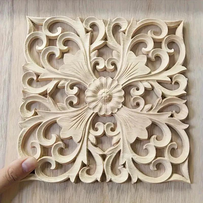 Rubberwood Wall Plaque with Intricate Floral Carvings, Natural Wooden Decor by House Of Avana