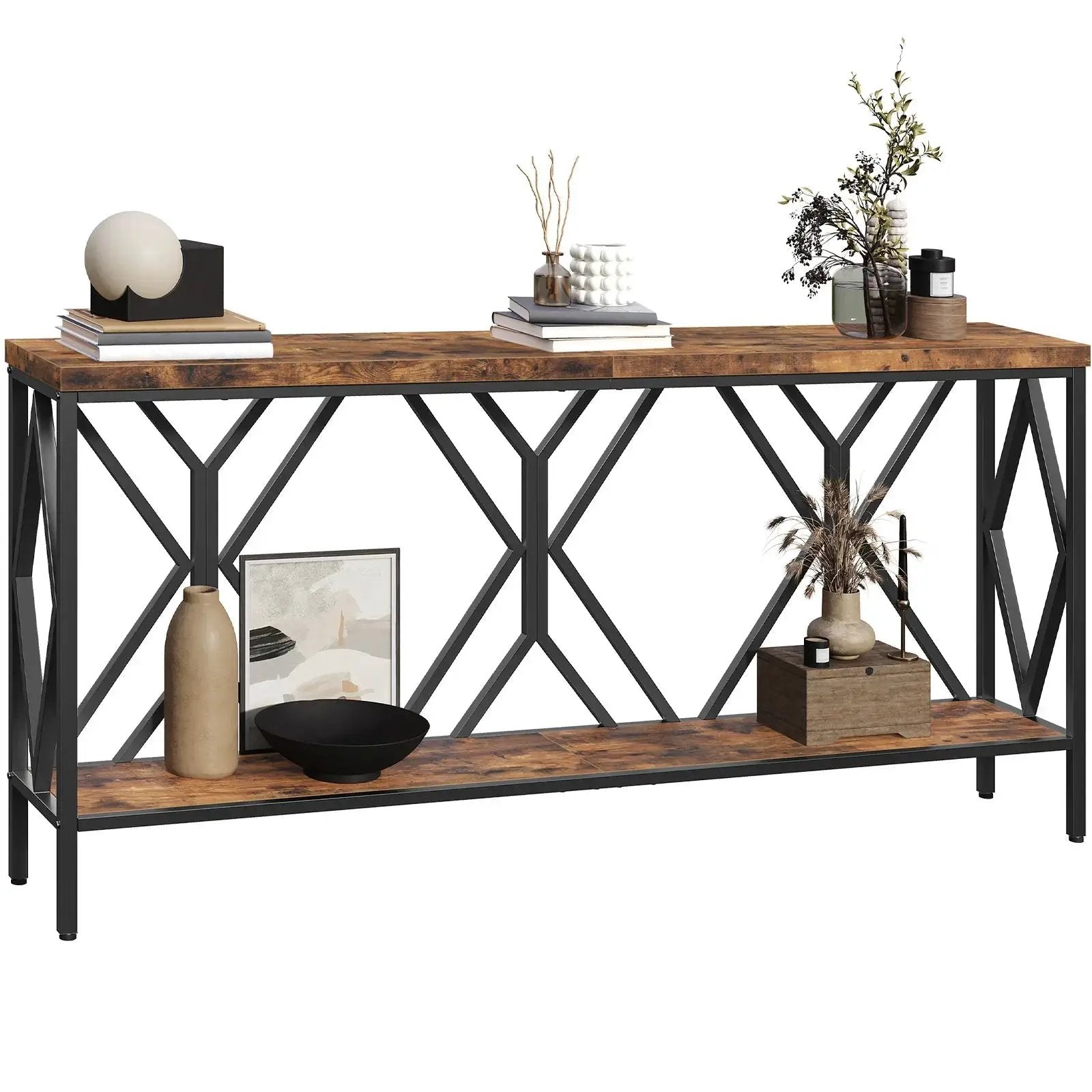 Rustic Brown And Black 70.9'' Extra Long Console Table, Industrial Sofa Table Behind Couch, 2 Tier Narrow Entryway Table with Storage Shelf, for Living Room by House Of Avana