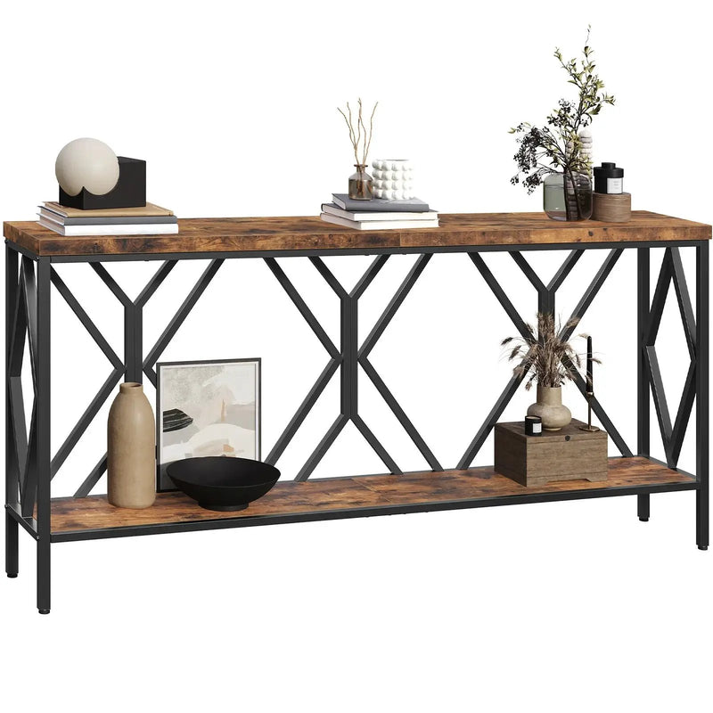 Rustic Brown And Black 70.9'' Extra Long Console Table, Industrial Sofa Table Behind Couch, 2 Tier Narrow Entryway Table with Storage Shelf, for Living Room by House Of Avana