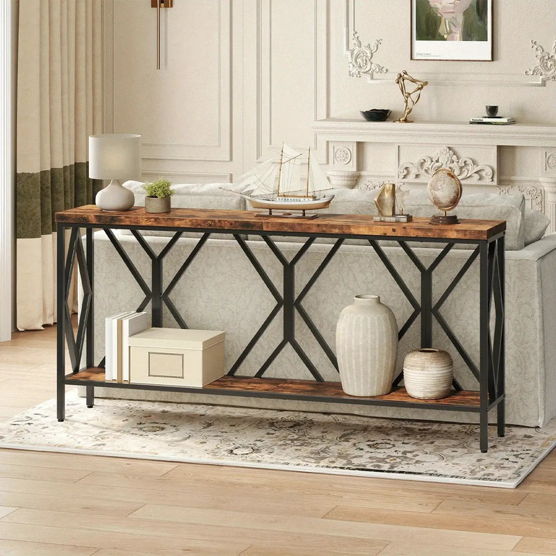 Rustic Brown And Black 70.9'' Extra Long Console Table, Industrial Sofa Table Behind Couch, 2 Tier Narrow Entryway Table with Storage Shelf, for Living Room by House Of Avana
