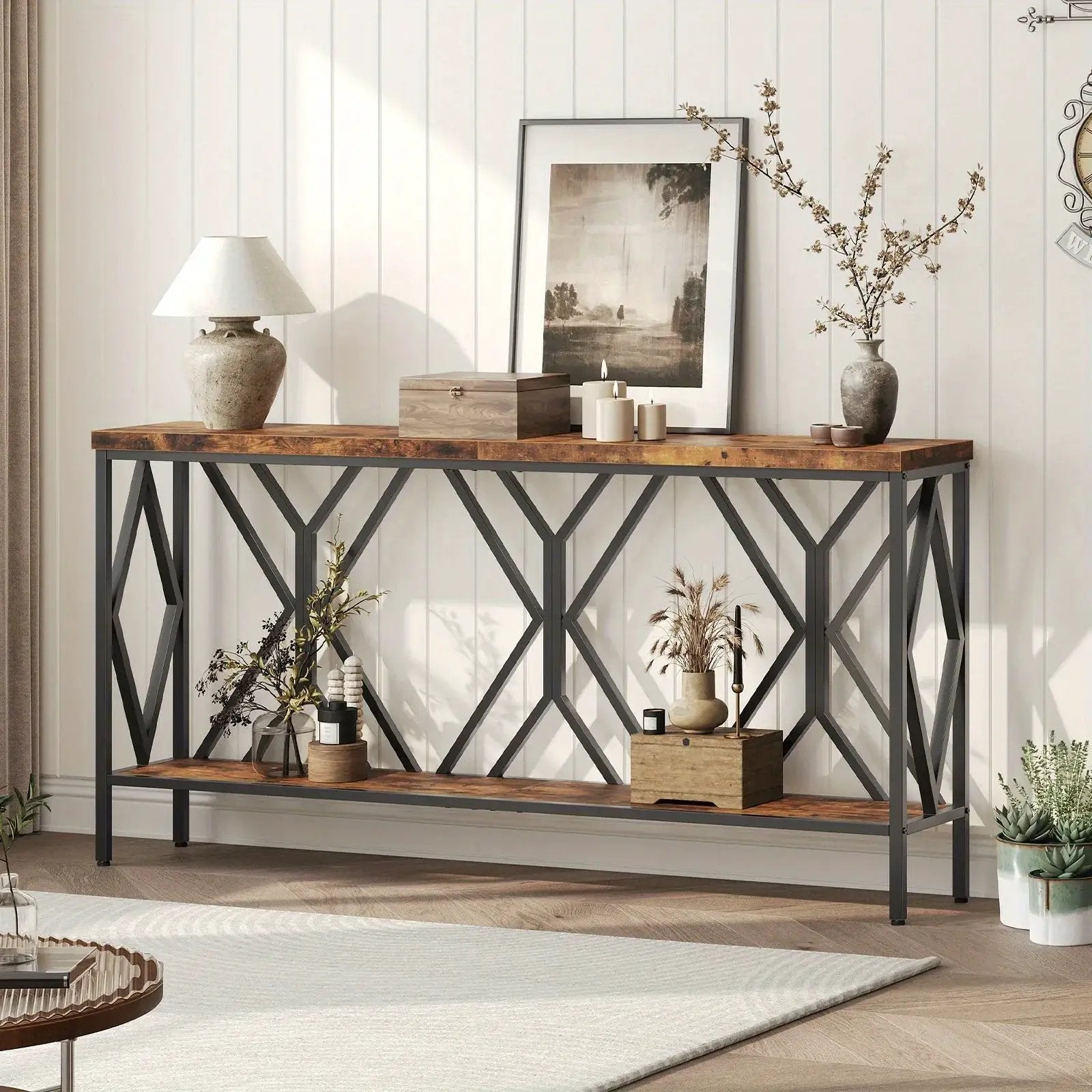 Rustic Brown And Black 70.9'' Extra Long Console Table, Industrial Sofa Table Behind Couch, 2 Tier Narrow Entryway Table with Storage Shelf, for Living Room by House Of Avana