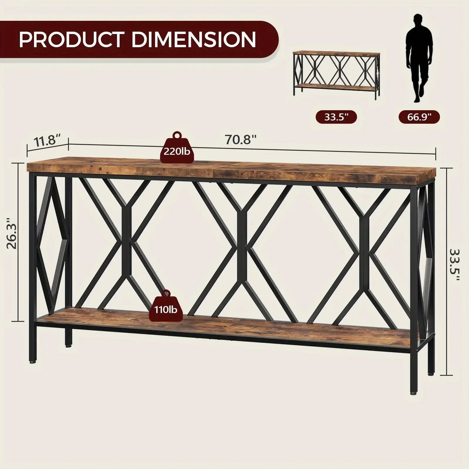 Rustic Brown And Black 70.9'' Extra Long Console Table, Industrial Sofa Table Behind Couch, 2 Tier Narrow Entryway Table with Storage Shelf, for Living Room by House Of Avana