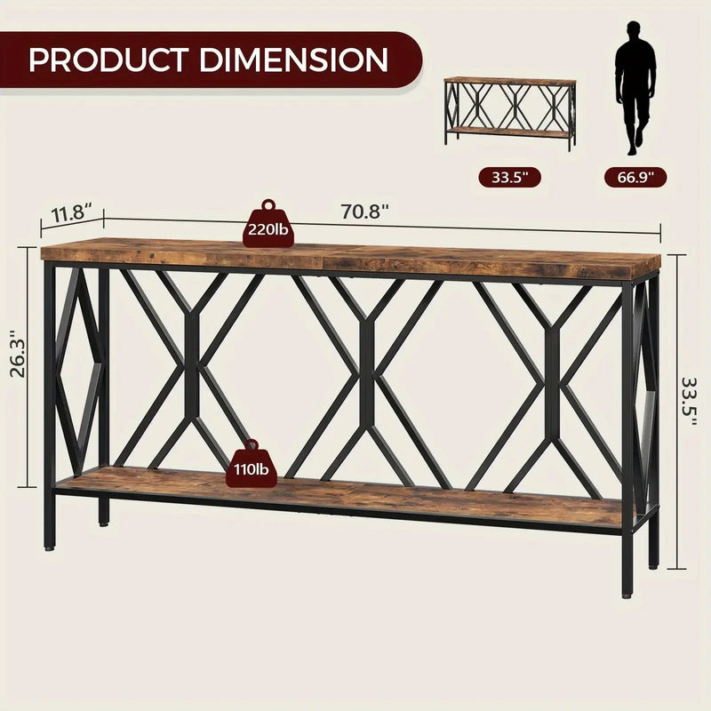 Rustic Brown And Black 70.9'' Extra Long Console Table, Industrial Sofa Table Behind Couch, 2 Tier Narrow Entryway Table with Storage Shelf, for Living Room by House Of Avana