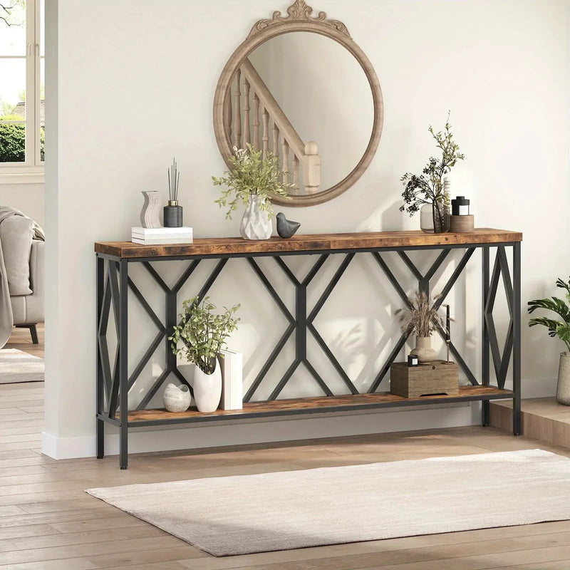 Rustic Brown And Black 70.9'' Extra Long Console Table, Industrial Sofa Table Behind Couch, 2 Tier Narrow Entryway Table with Storage Shelf, for Living Room by House Of Avana