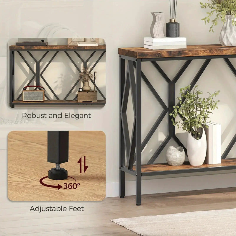Rustic Brown And Black 70.9'' Extra Long Console Table, Industrial Sofa Table Behind Couch, 2 Tier Narrow Entryway Table with Storage Shelf, for Living Room by House Of Avana