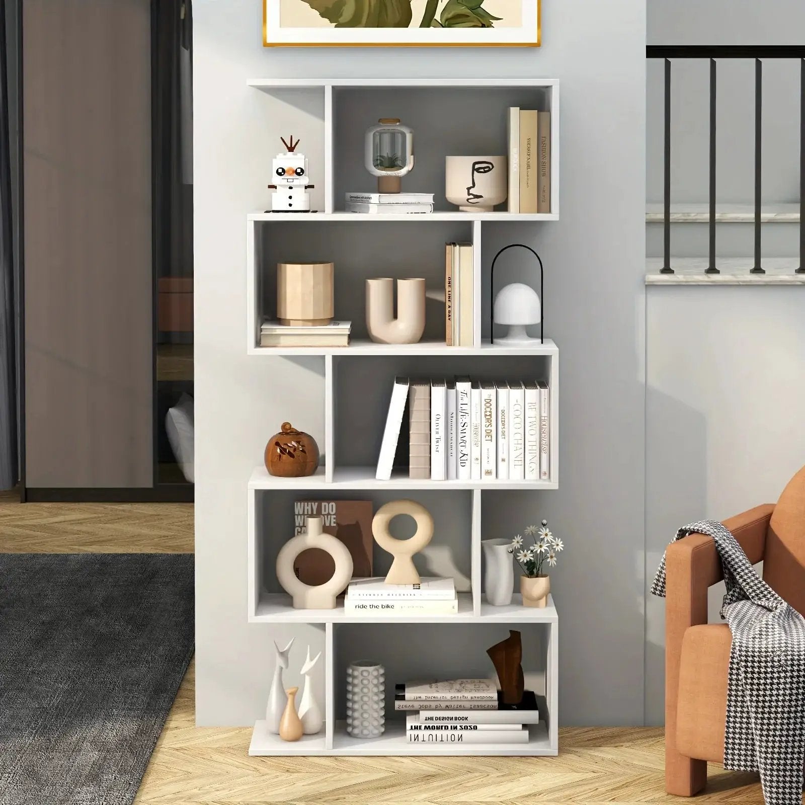 Rustic Wood 5-Tier Geometric Bookcase, 62.5" Tall Shelving Unit by House Of Avana