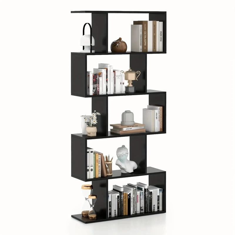 Rustic Wood 5-Tier Geometric Bookcase, 62.5" Tall Shelving Unit by House Of Avana