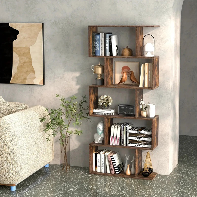 Rustic Wood 5-Tier Geometric Bookcase, 62.5" Tall Shelving Unit by House Of Avana