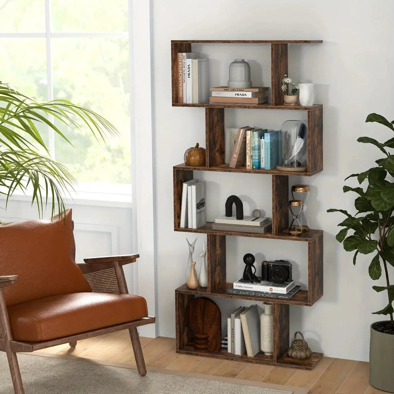 Rustic Wood 5-Tier Geometric Bookcase, 62.5" Tall Shelving Unit by House Of Avana