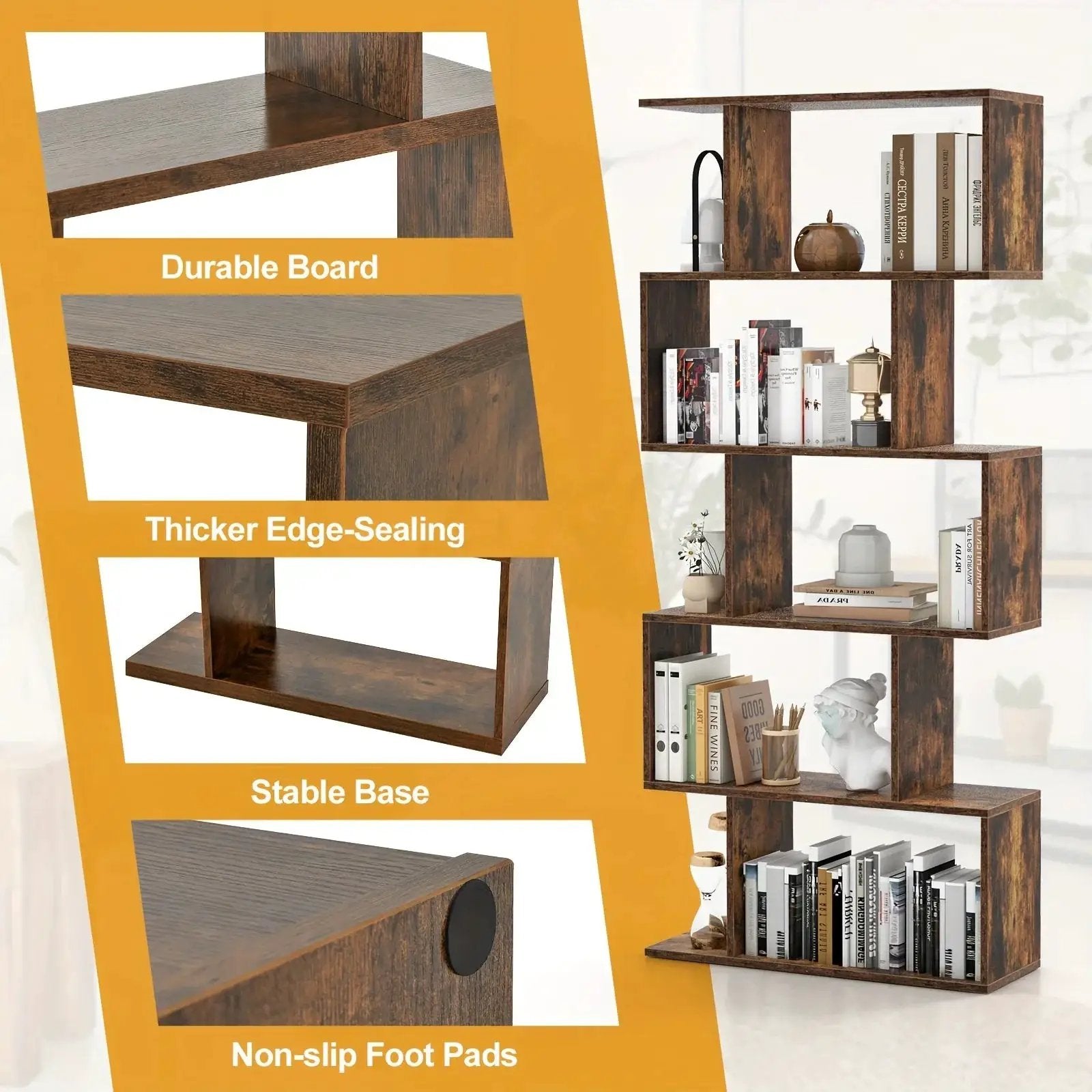 Rustic Wood 5-Tier Geometric Bookcase, 62.5" Tall Shelving Unit by House Of Avana